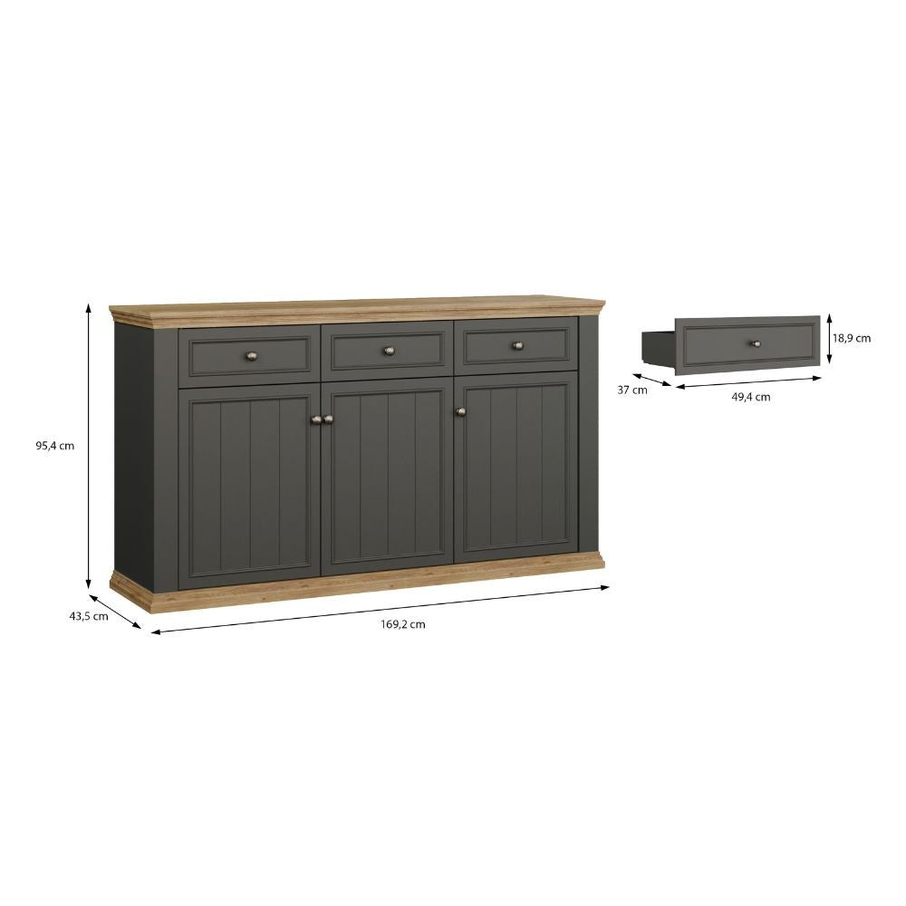 Madia Essenza con 3 cassetti e 3 ante in stile classico colore grigio scuro e rovere