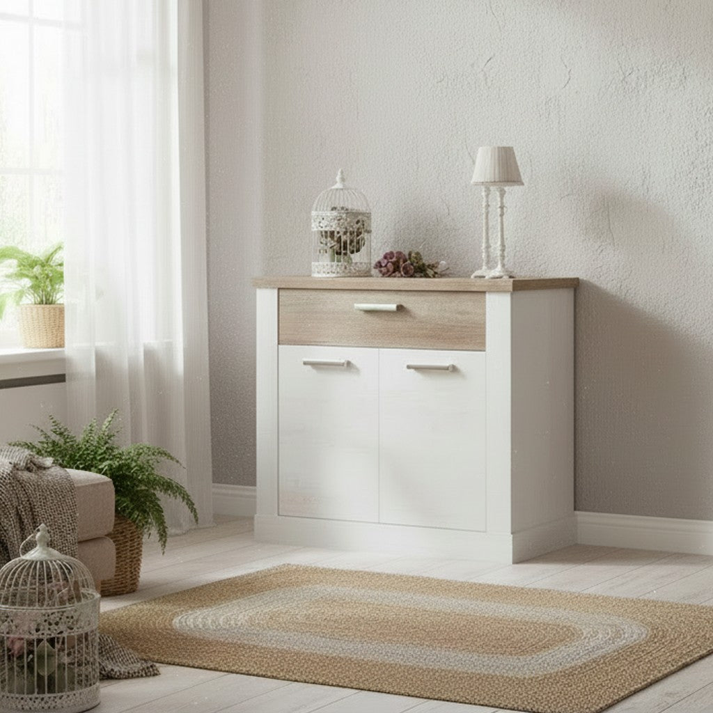 Madia Flux 2 ante e 1 cassetto in colore pino bianco e rovere antico