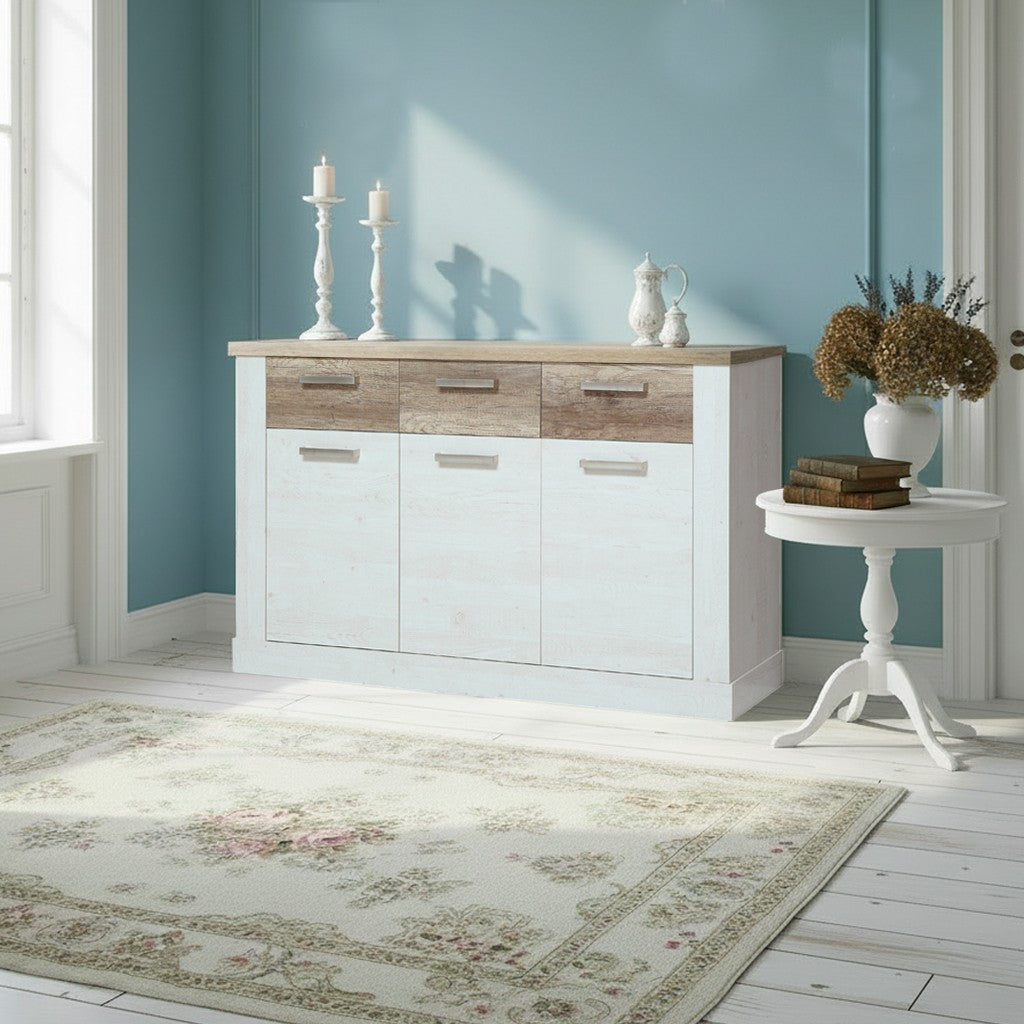 Madia Flux 3 ante e 3 cassetti in colore pino bianco e rovere antico