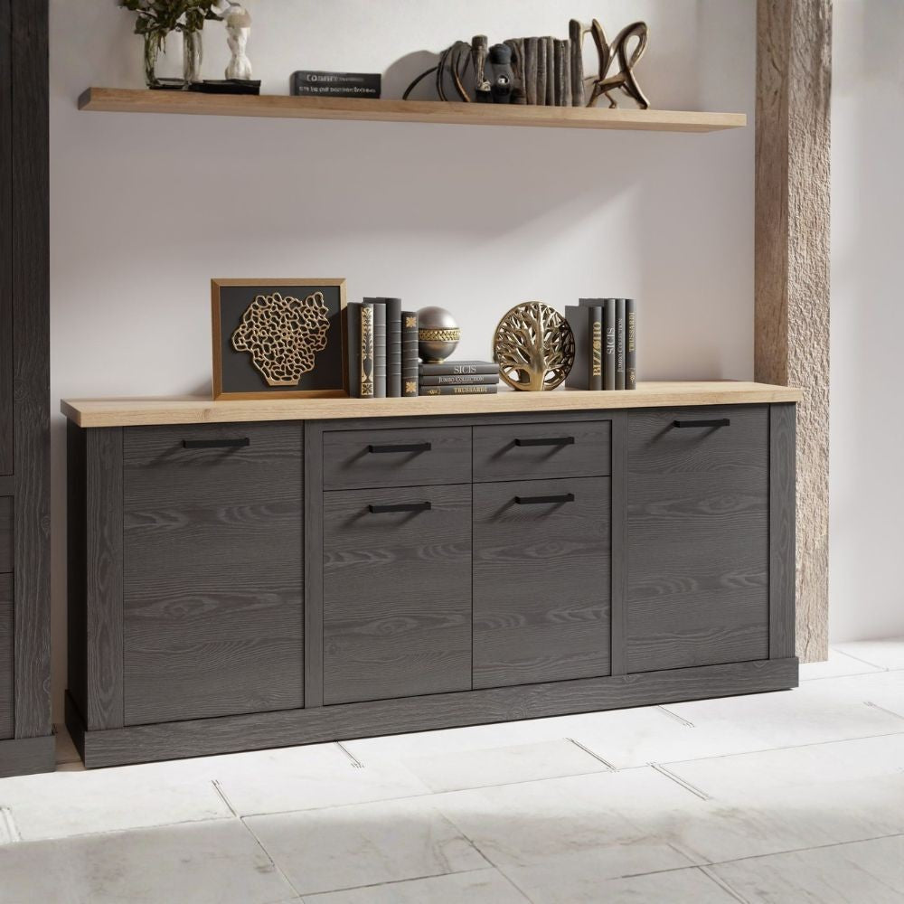 Madia Flux 4 ante e 2 cassetti in colore nero cabezone e top rovere riviera