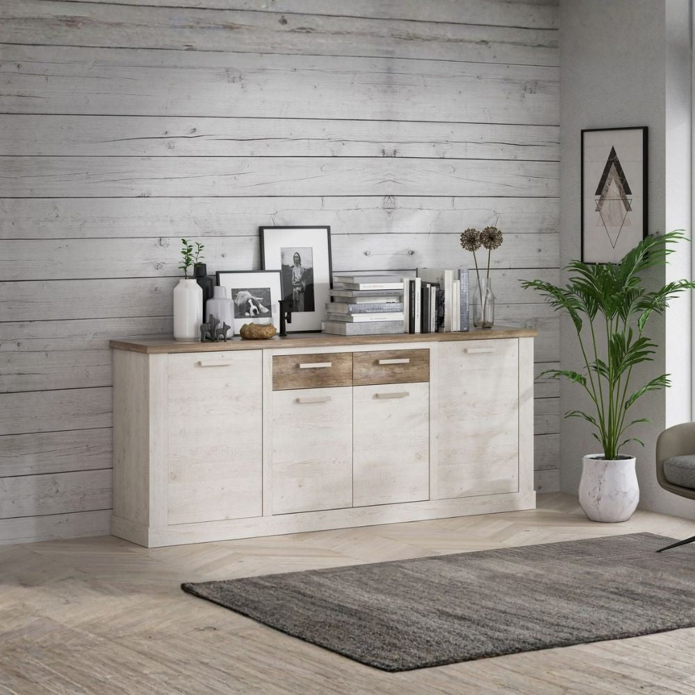 Madia Flux 4 ante in colore pino bianco e 2 cassetti e top rovere antico