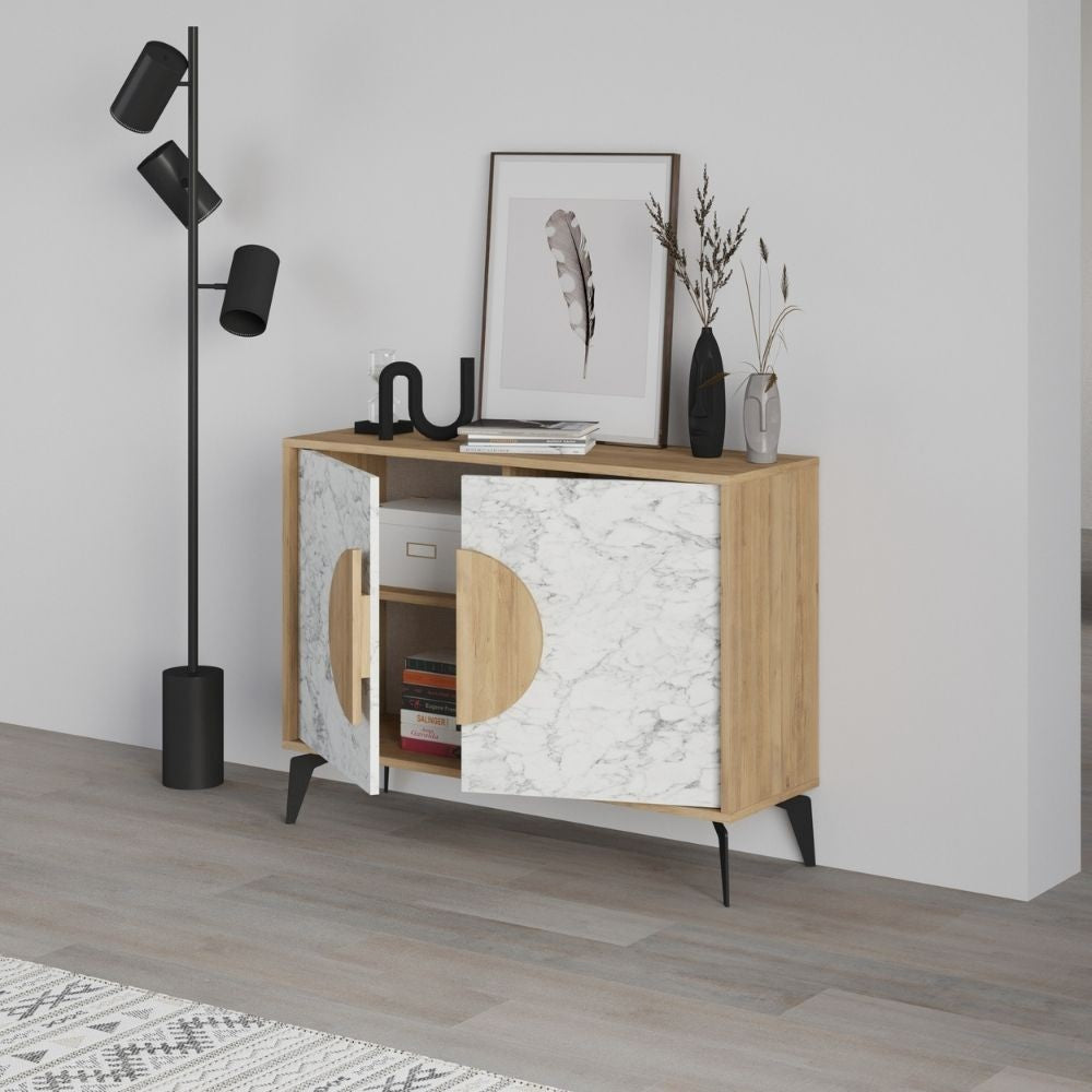 Madia Gora 110 cm struttura colore rovere con ante carrara effetto marmo bianco
