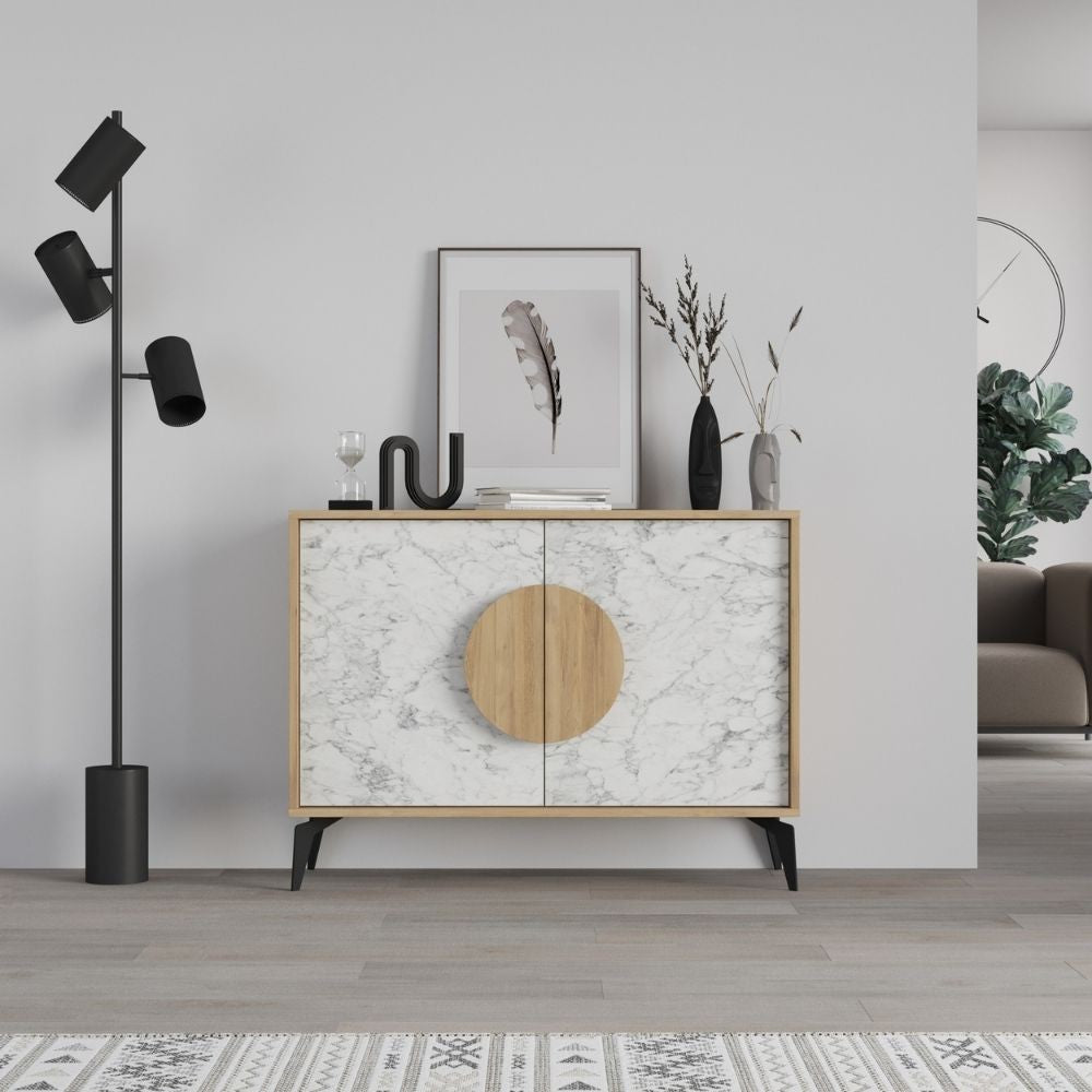 Madia Gora 110 cm struttura colore rovere con ante carrara effetto marmo bianco