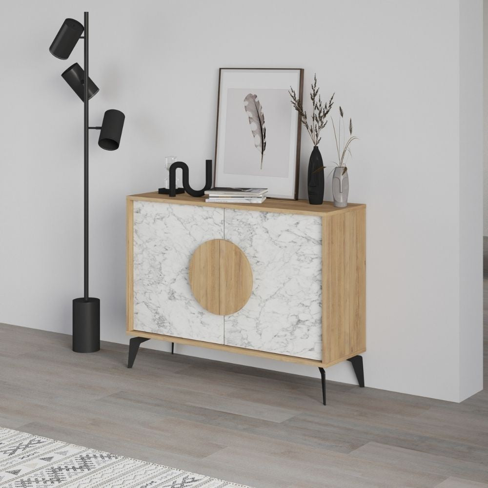 Madia Gora 110 cm struttura colore rovere con ante carrara effetto marmo bianco