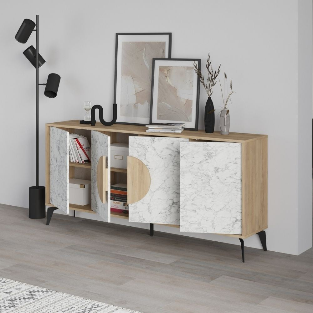 Madia Gora 180 cm struttura colore rovere con ante carrara effetto marmo bianco