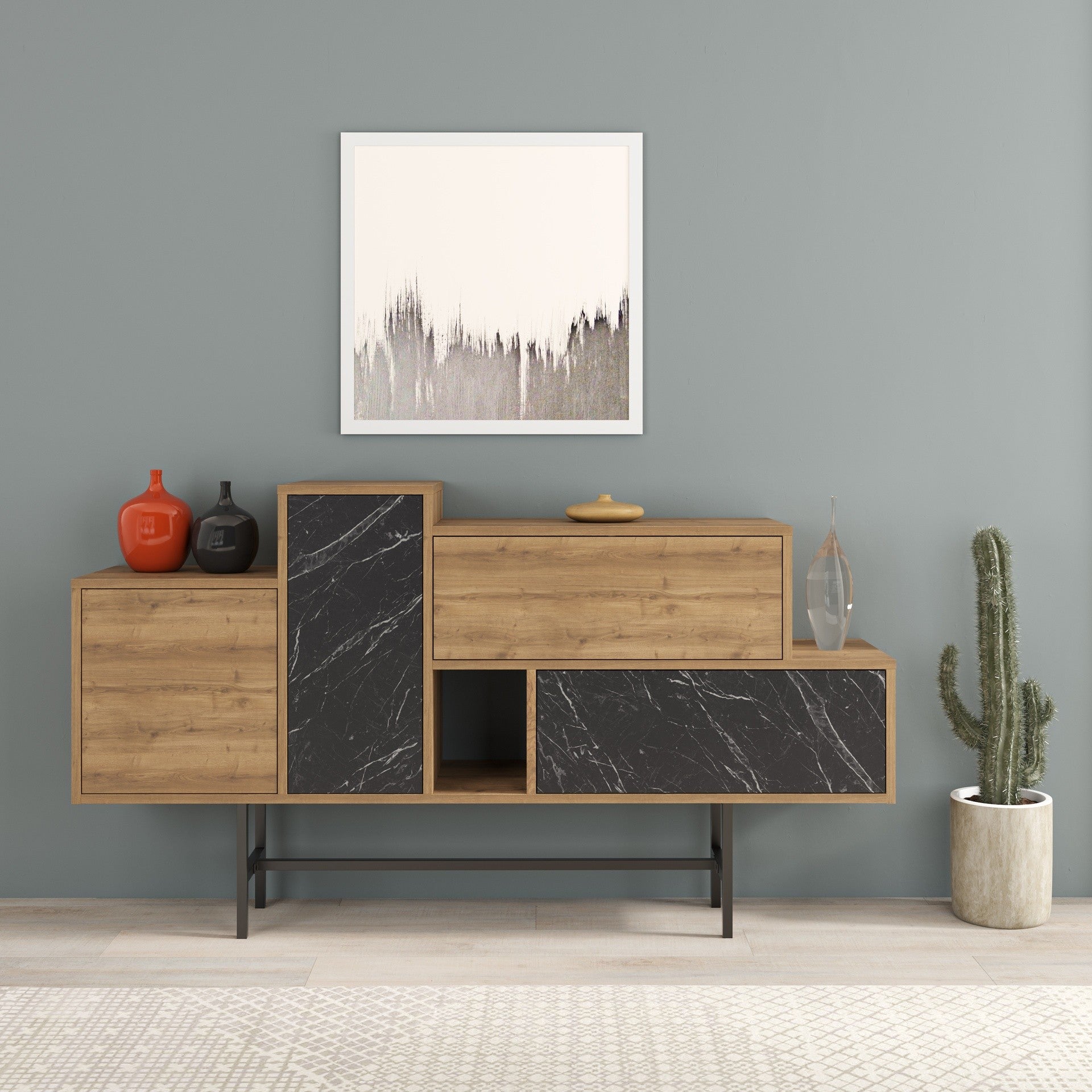 Madia Hermes colore hitit noce con ante e cassetti effetto marmo nero 160 cm
