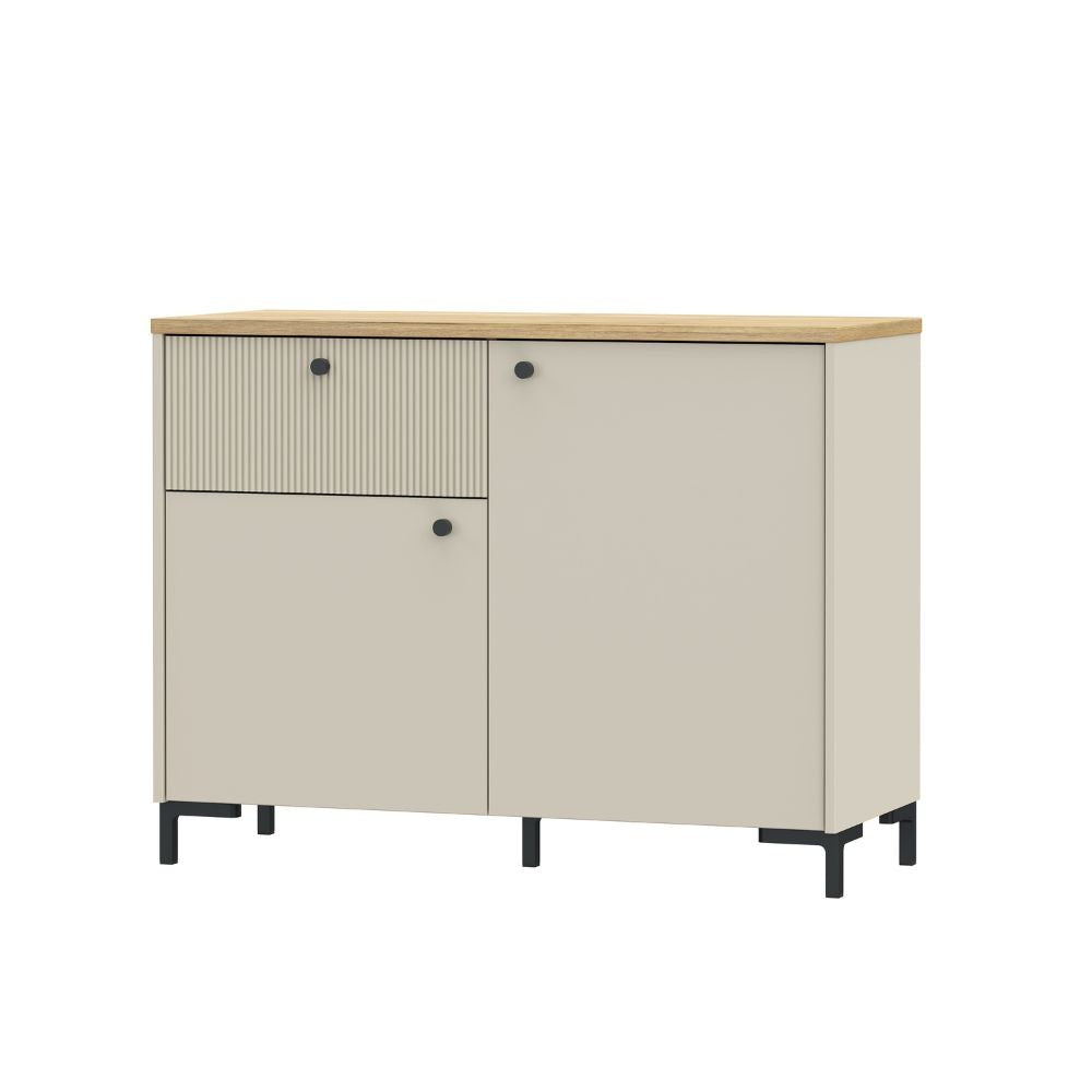 Madia Unit 2 ante e 1 cassetto cannettato L 103.1 x P 41.9 x H 79 cm. colore cashmere con top rovere