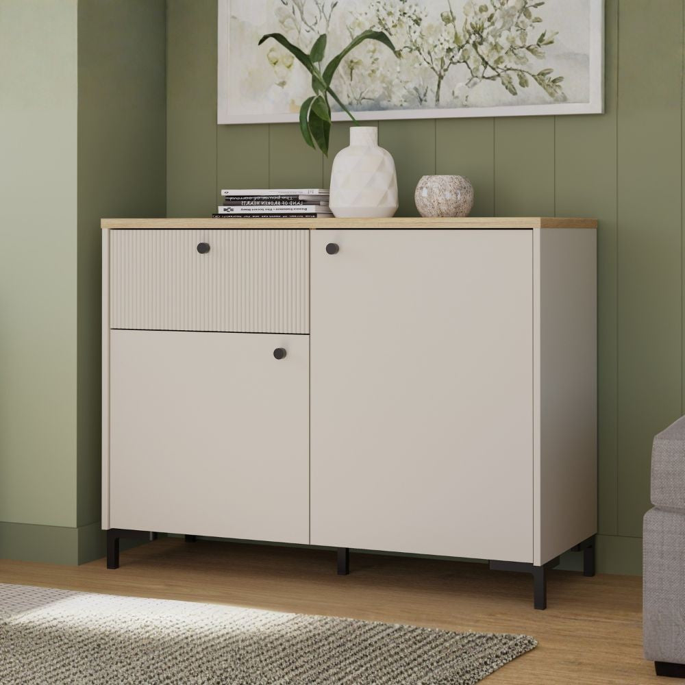 Madia Unit 2 ante e 1 cassetto cannettato L 103.1 x P 41.9 x H 79 cm. colore cashmere con top rovere