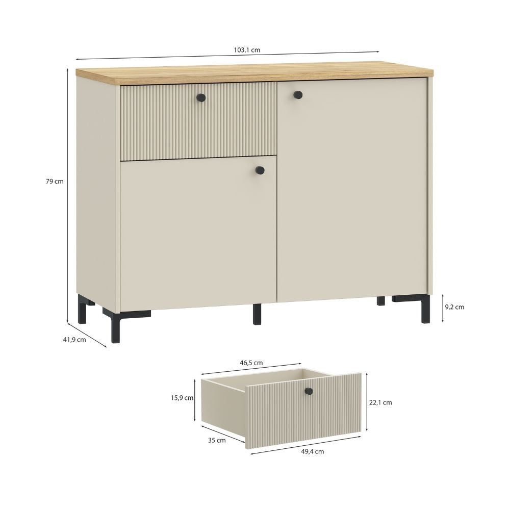 Madia Unit 2 ante e 1 cassetto cannettato L 103.1 x P 41.9 x H 79 cm. colore cashmere con top rovere