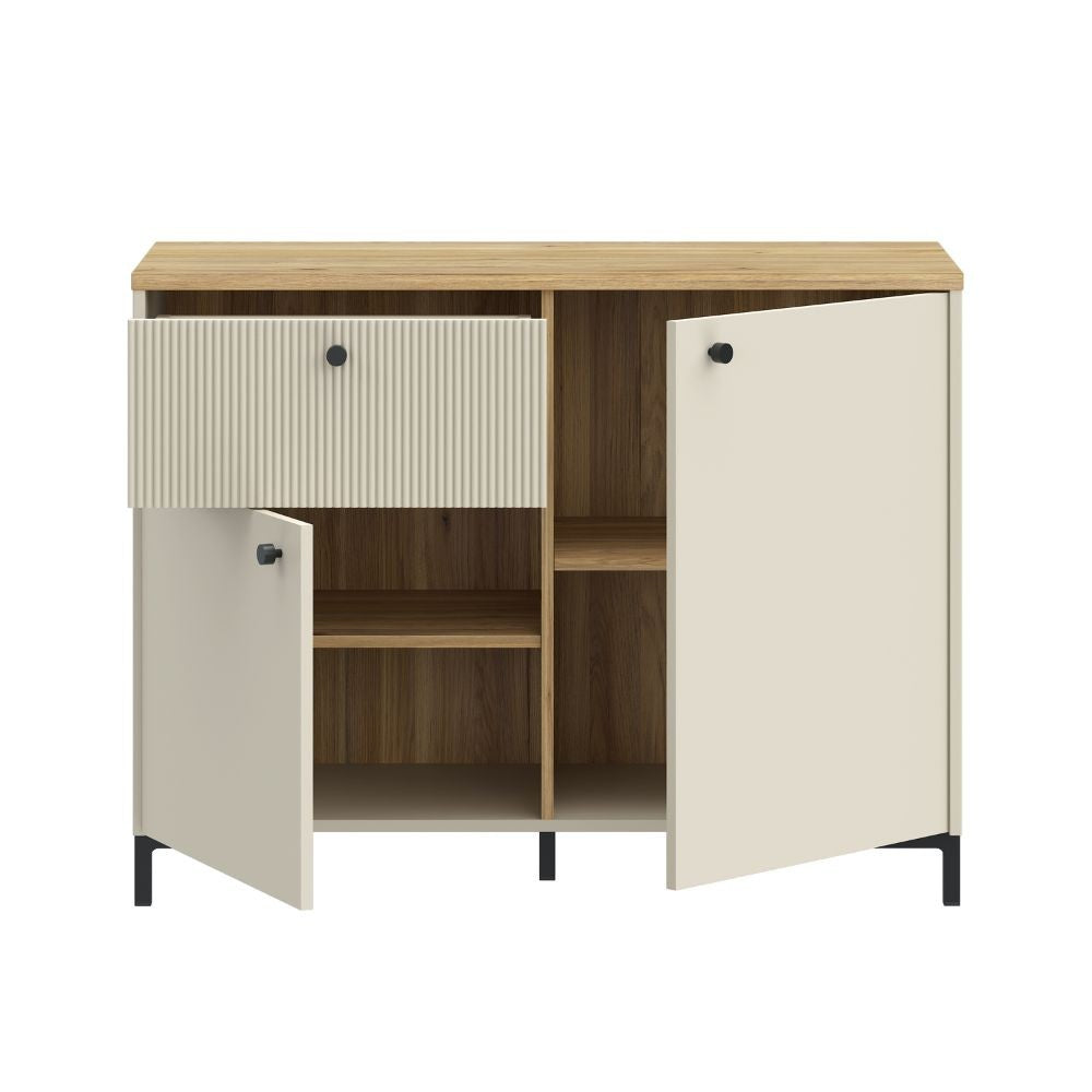 Madia Unit 2 ante e 1 cassetto cannettato L 103.1 x P 41.9 x H 79 cm. colore cashmere con top rovere