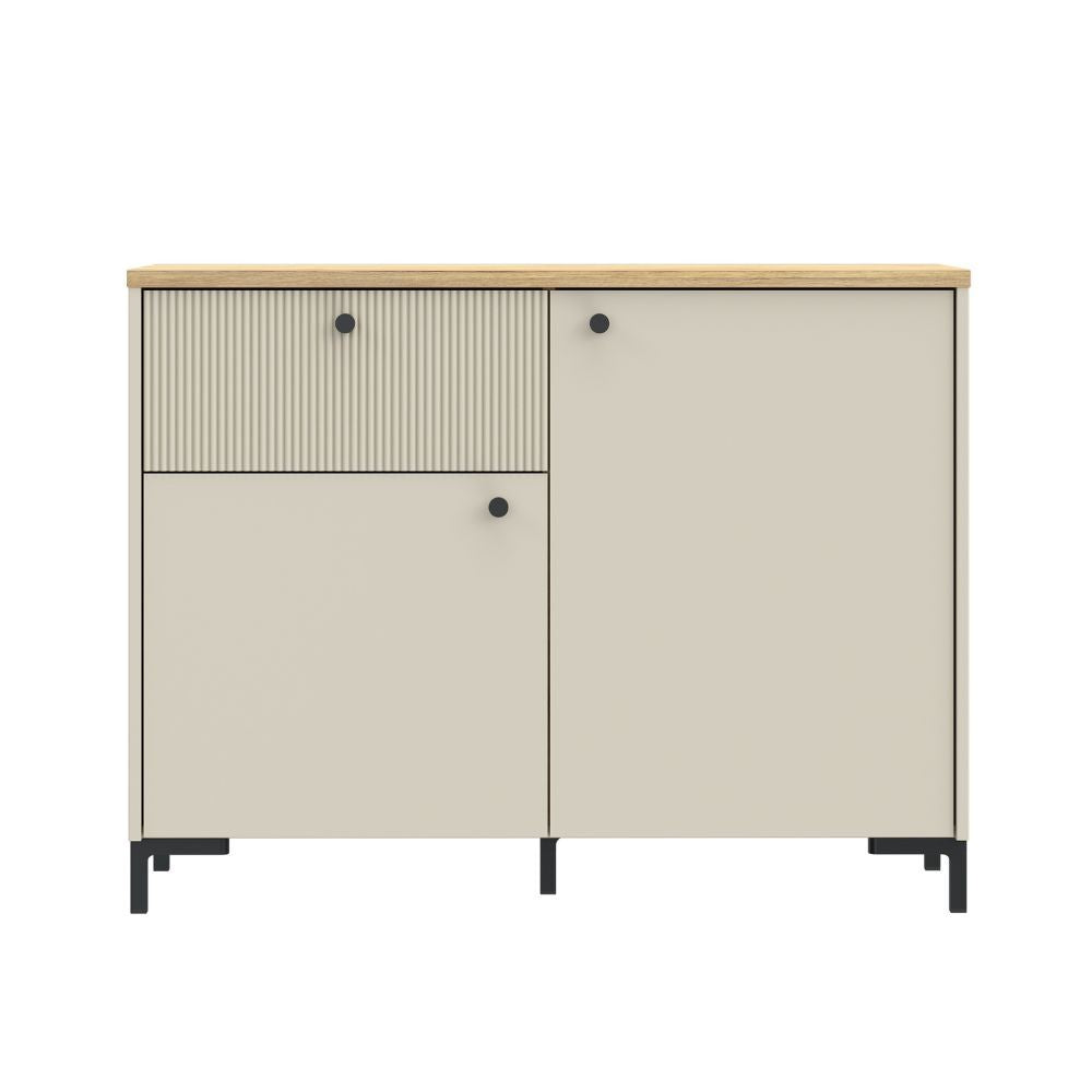 Madia Unit 2 ante e 1 cassetto cannettato L 103.1 x P 41.9 x H 79 cm. colore cashmere con top rovere