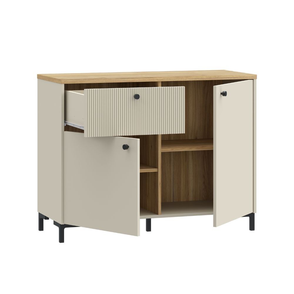 Madia Unit 2 ante e 1 cassetto cannettato L 103.1 x P 41.9 x H 79 cm. colore cashmere con top rovere