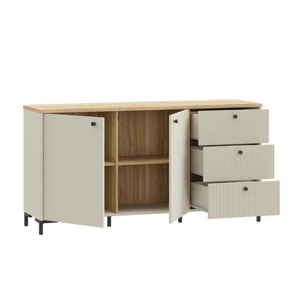 Madia Unit 2 ante e 3 cassetti cannettato L 152.80 x P 41.9 x H 79 cm. colore cashmere con top rovere