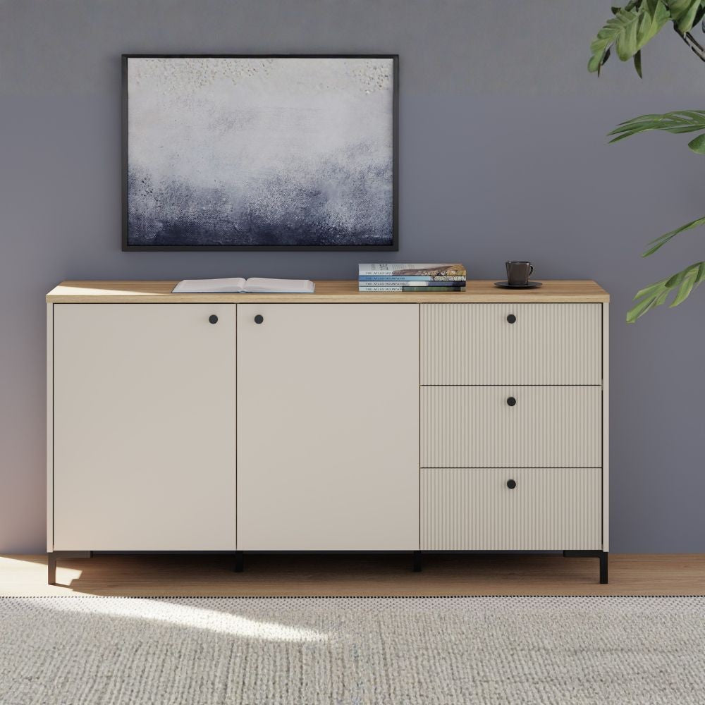 Madia Unit 2 ante e 3 cassetti cannettato L 152.80 x P 41.9 x H 79 cm. colore cashmere con top rovere