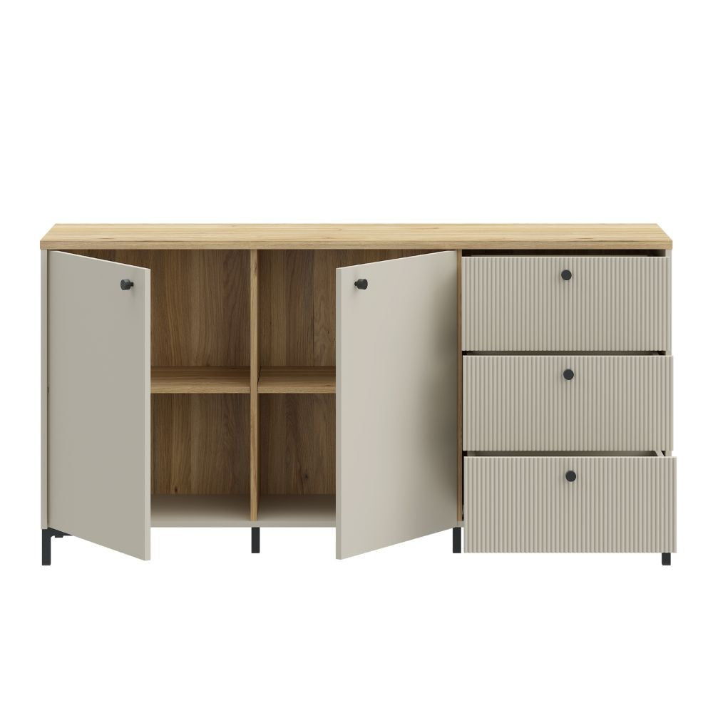 Madia Unit 2 ante e 3 cassetti cannettato L 152.80 x P 41.9 x H 79 cm. colore cashmere con top rovere