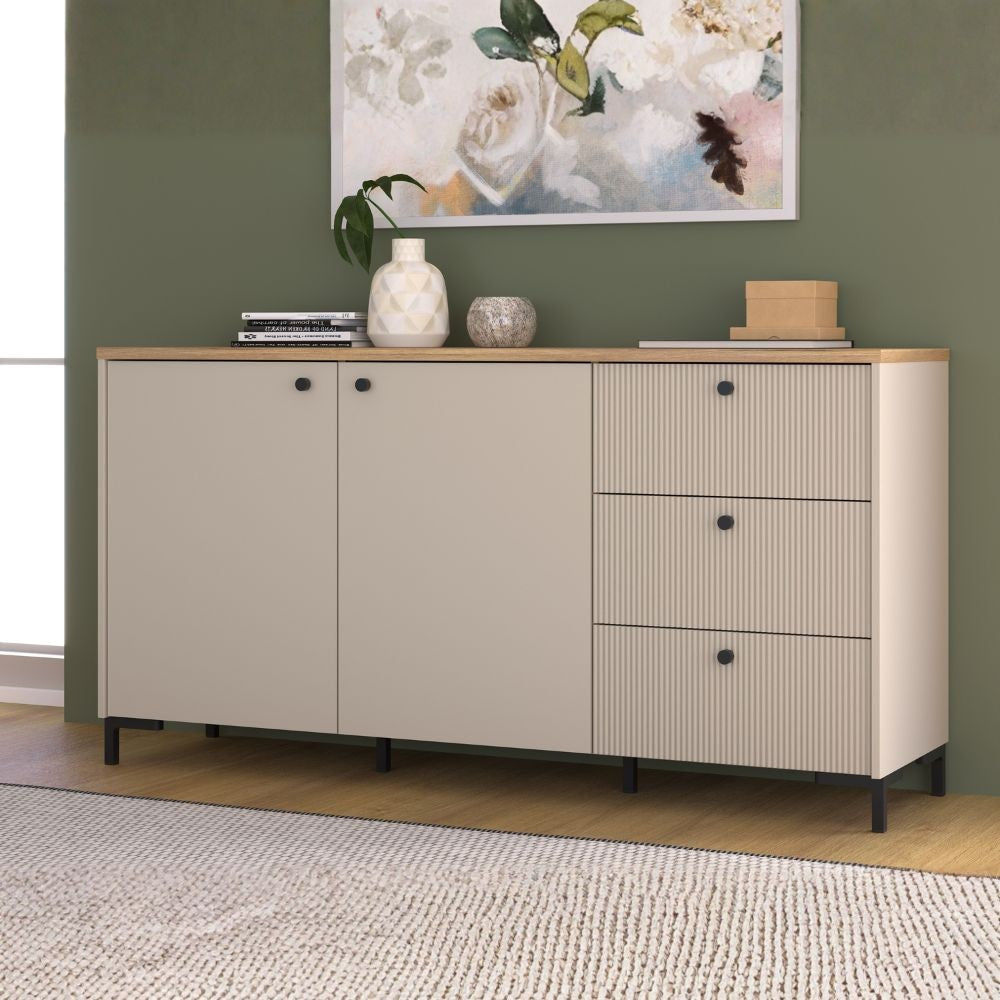 Madia Unit 2 ante e 3 cassetti cannettato L 152.80 x P 41.9 x H 79 cm. colore cashmere con top rovere