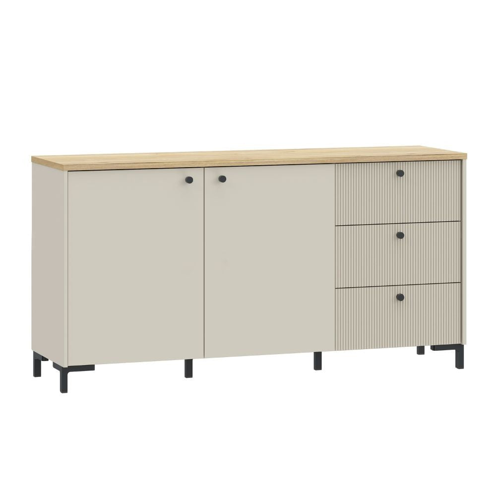 Madia Unit 2 ante e 3 cassetti cannettato L 152.80 x P 41.9 x H 79 cm. colore cashmere con top rovere