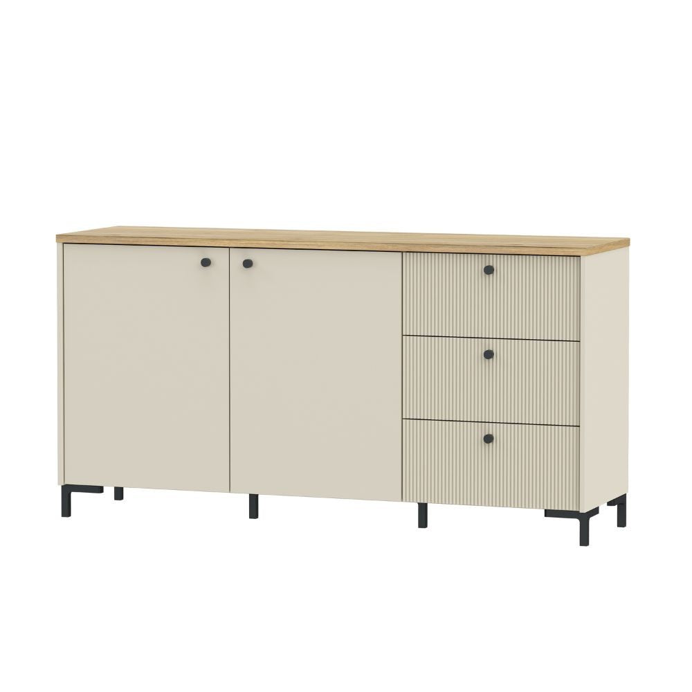 Madia Unit 2 ante e 3 cassetti cannettato L 152.80 x P 41.9 x H 79 cm. colore cashmere con top rovere
