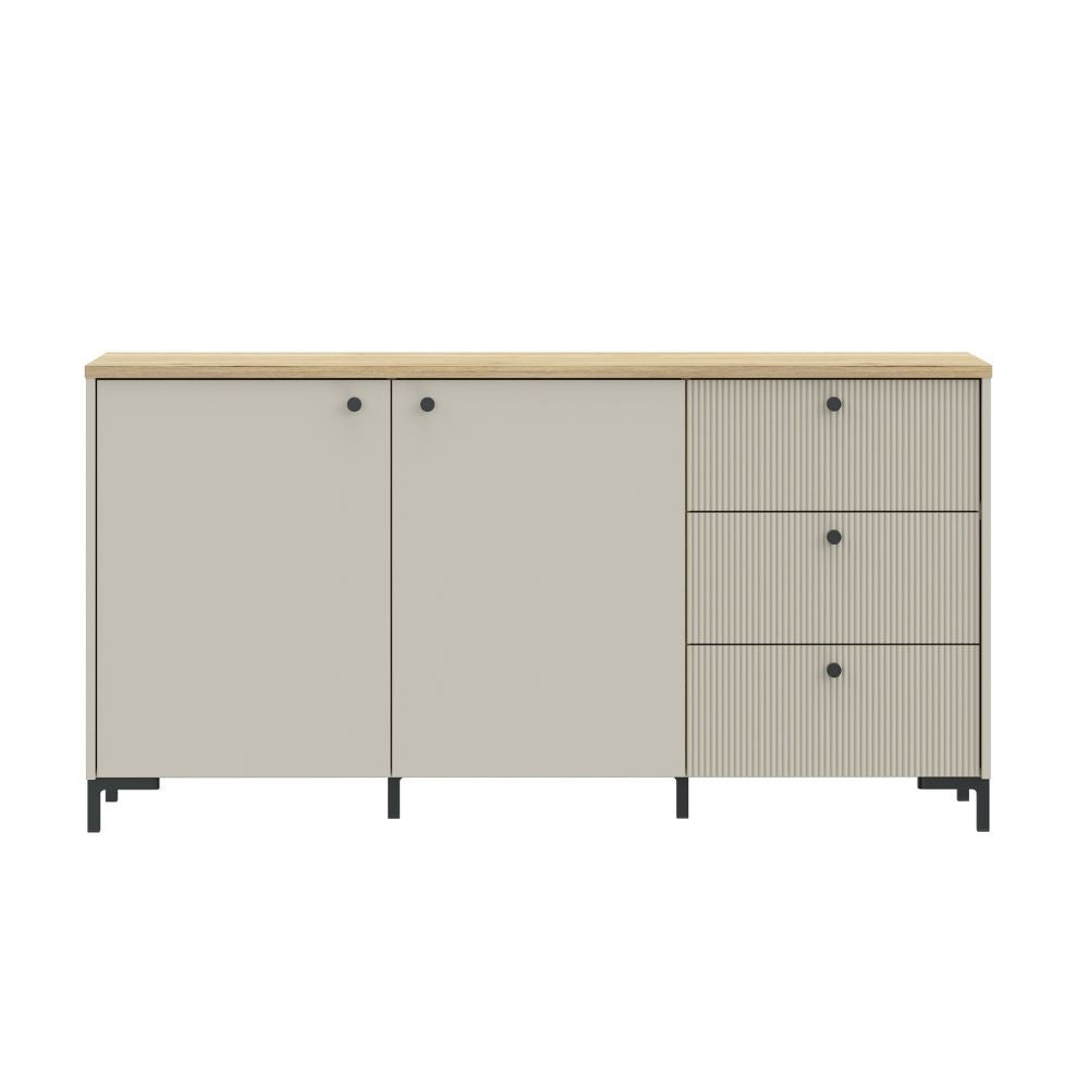 Madia Unit 2 ante e 3 cassetti cannettato L 152.80 x P 41.9 x H 79 cm. colore cashmere con top rovere