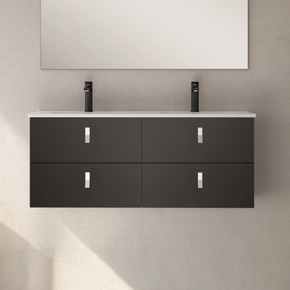 Mobile bagno sospeso Invicta con 4 cassetti colore nero con maniglie bianche 120x45x48 cm.