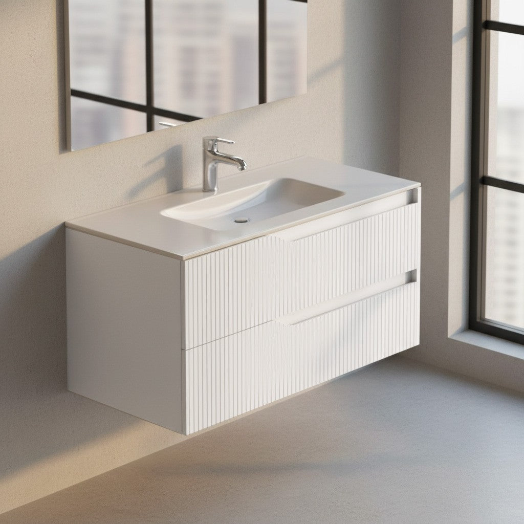Mobile bagno sospeso Soho con due cassetti effetto cannettato colore bianco opaco 100x45x50 cm.