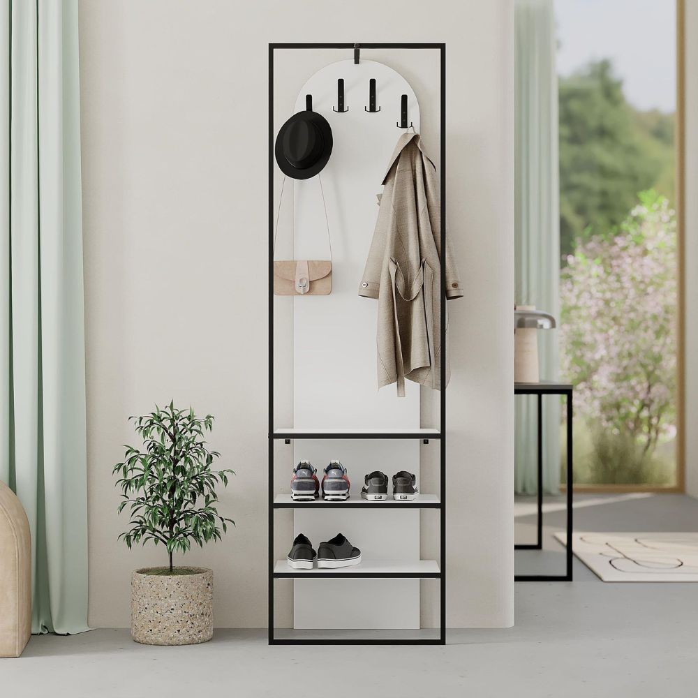 Mobile ingresso Archy con 4 ganci appendi abiti e scarpiera in colore bianco