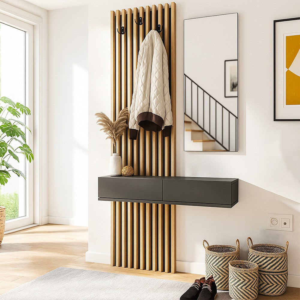 Mobile ingresso Elois con 3 ganci appendi abiti e specchio in colore antracite e rovere