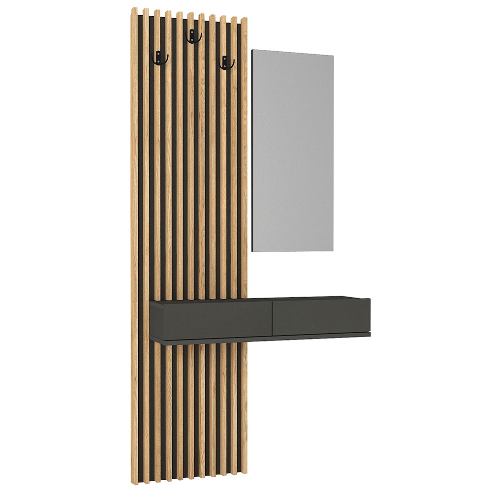Mobile ingresso Elois con 3 ganci appendi abiti e specchio in colore antracite e rovere