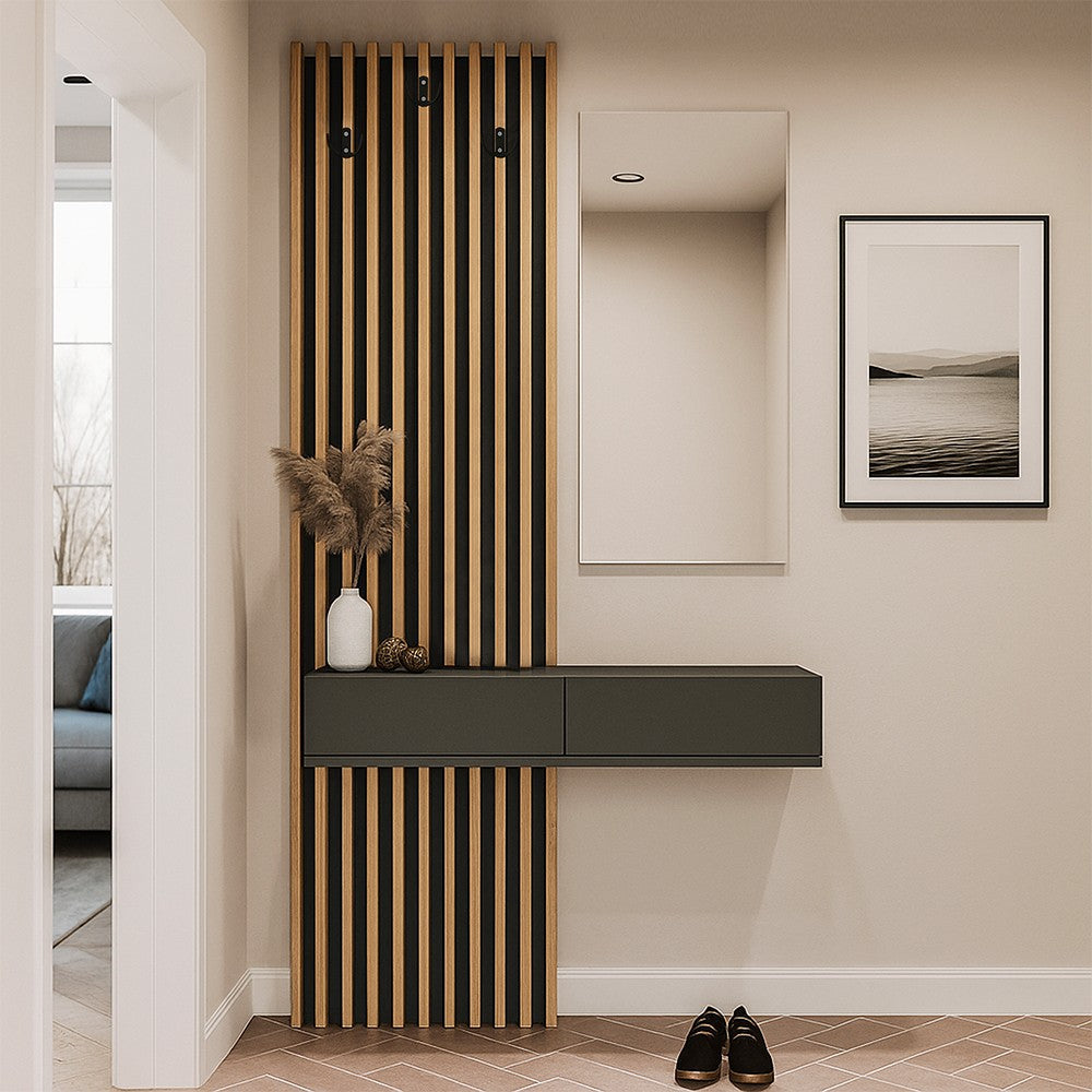 Mobile ingresso Elois con 3 ganci appendi abiti e specchio in colore antracite e rovere
