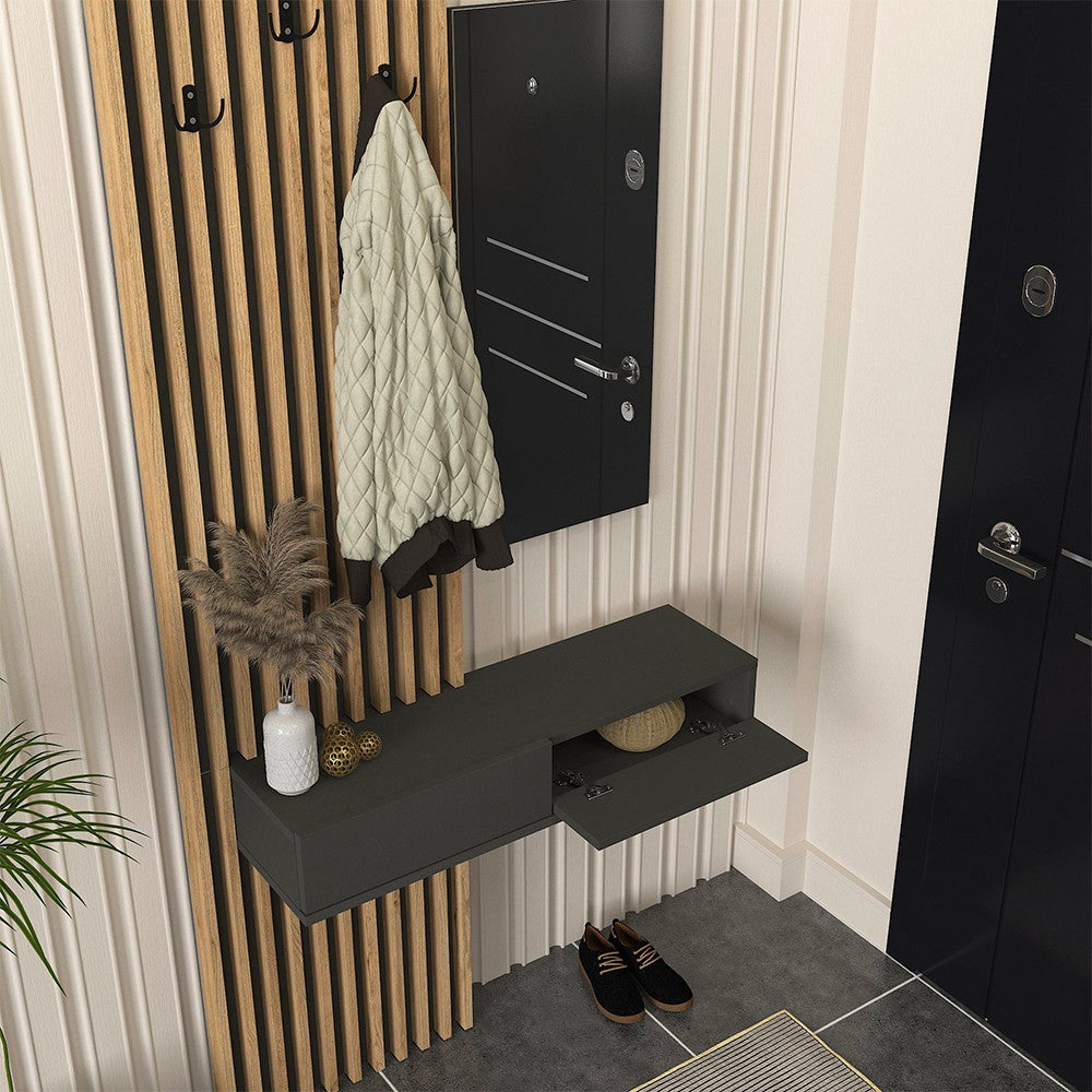 Mobile ingresso Elois con 3 ganci appendi abiti e specchio in colore antracite e rovere