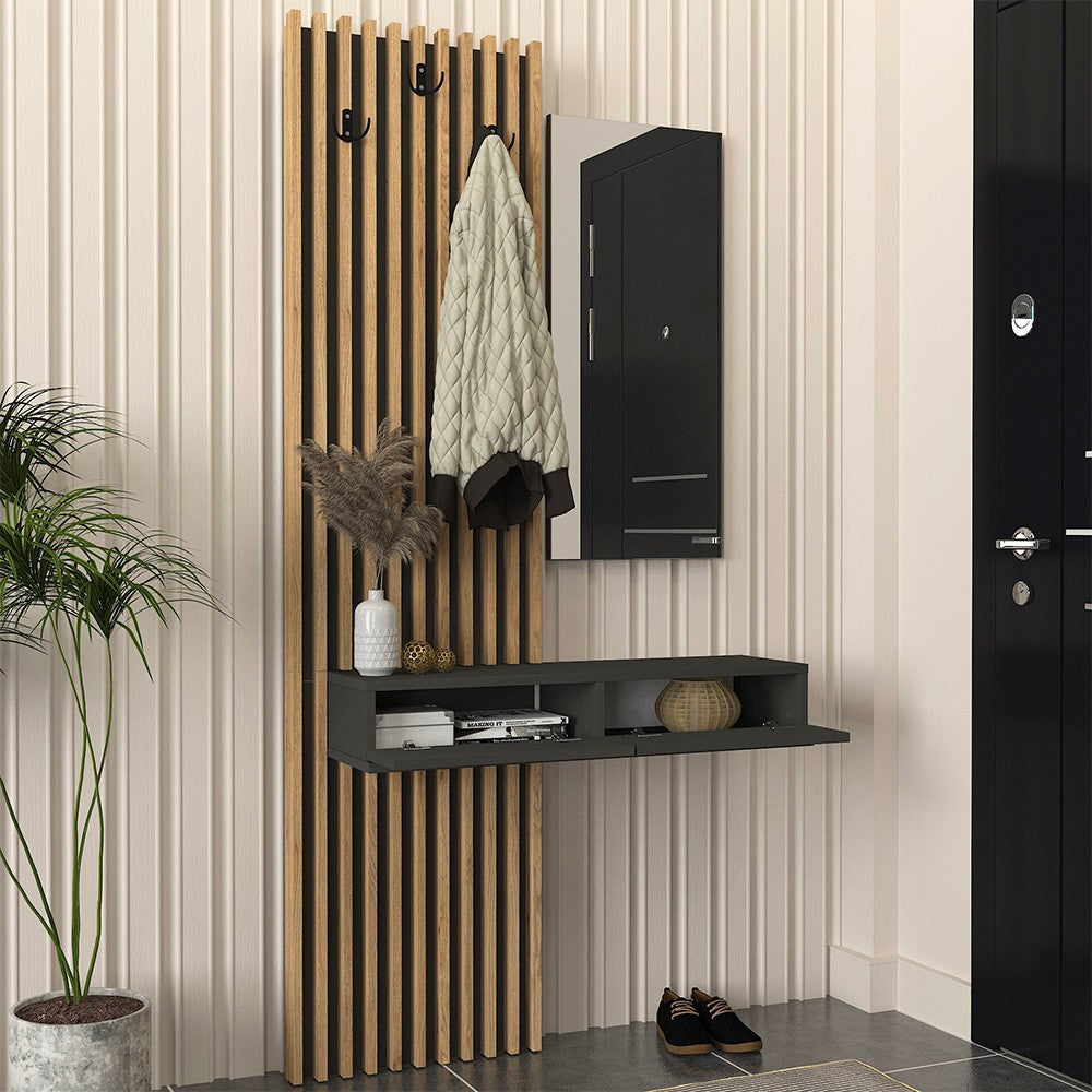 Mobile ingresso Elois con 3 ganci appendi abiti e specchio in colore antracite e rovere