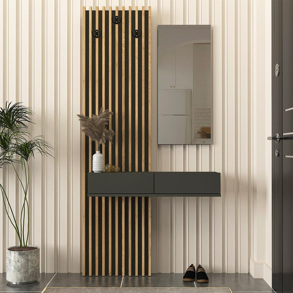 Mobile ingresso Elois con 3 ganci appendi abiti e specchio in colore antracite e rovere