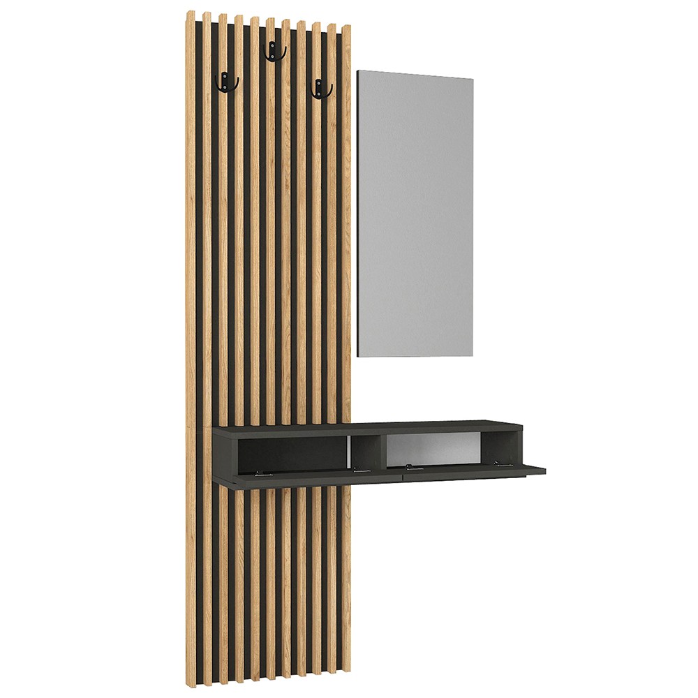Mobile ingresso Elois con 3 ganci appendi abiti e specchio in colore antracite e rovere