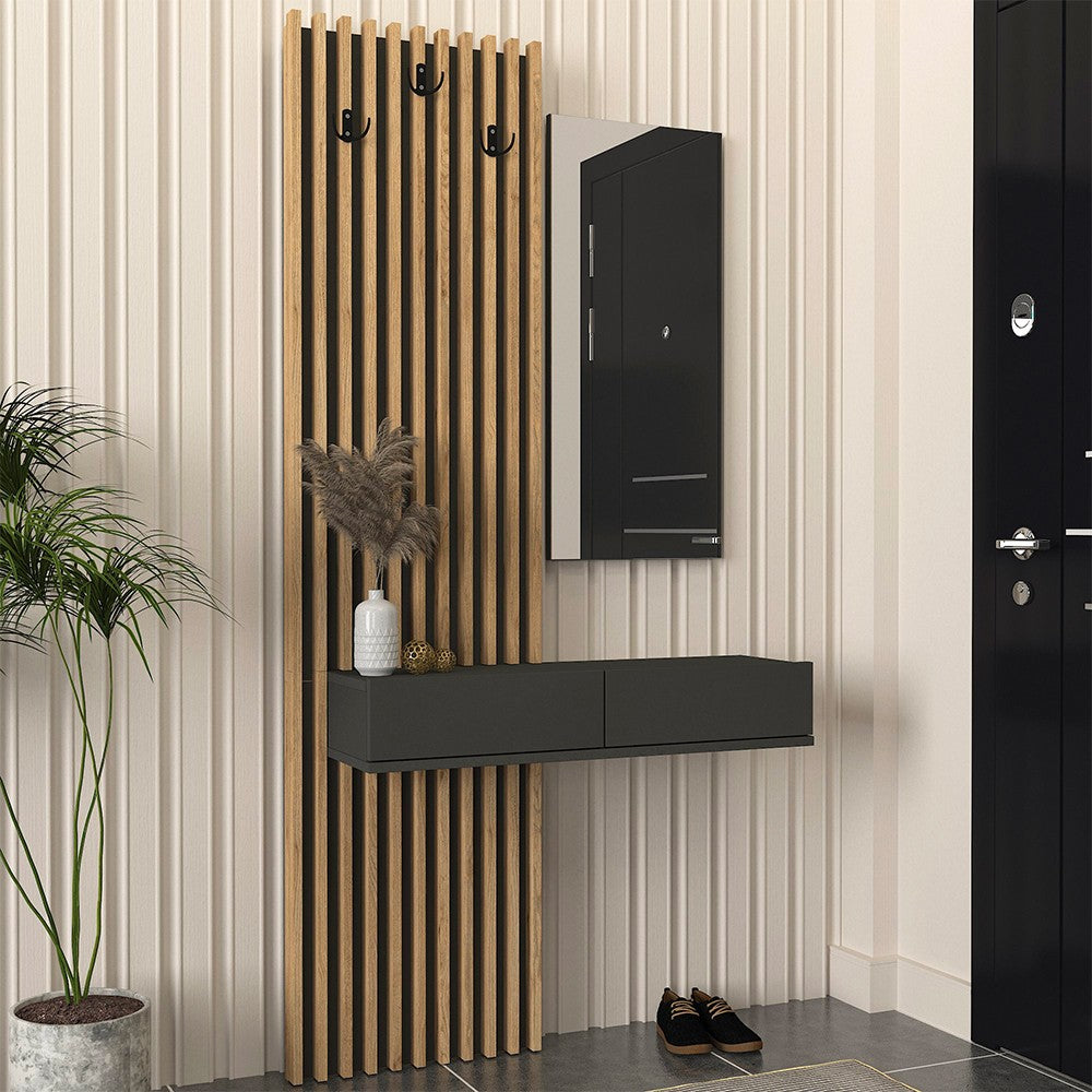 Mobile ingresso Elois con 3 ganci appendi abiti e specchio in colore antracite e rovere