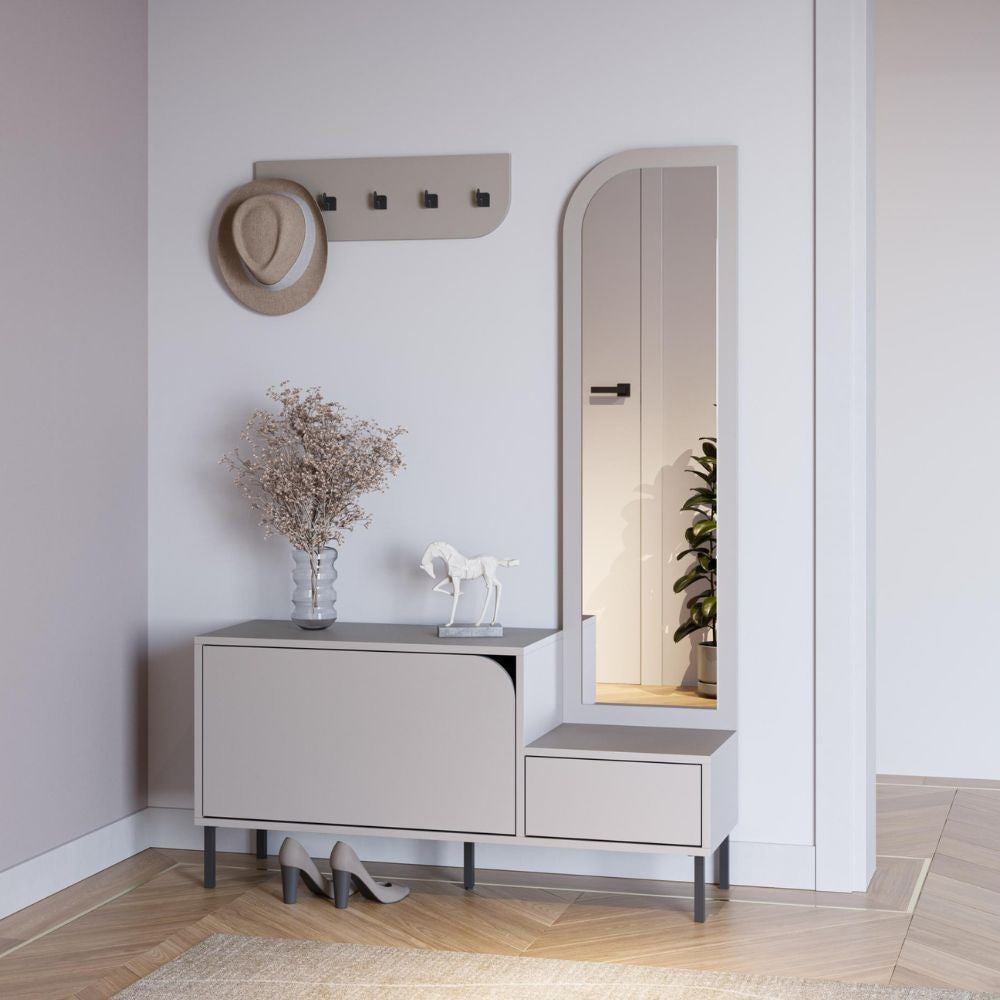 Mobile ingresso Mila con scarpiera ganci appendi abito e specchio colore cashmere