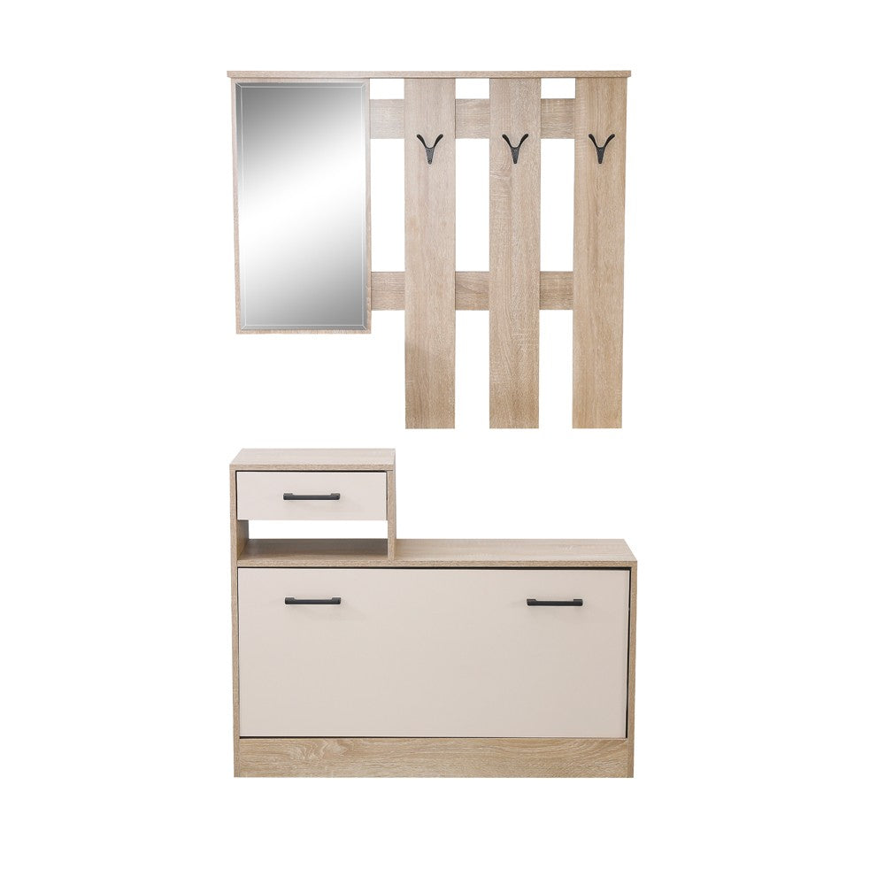 Mobile ingresso Rudolf XL con specchio e scarpiera colore rovere e beige