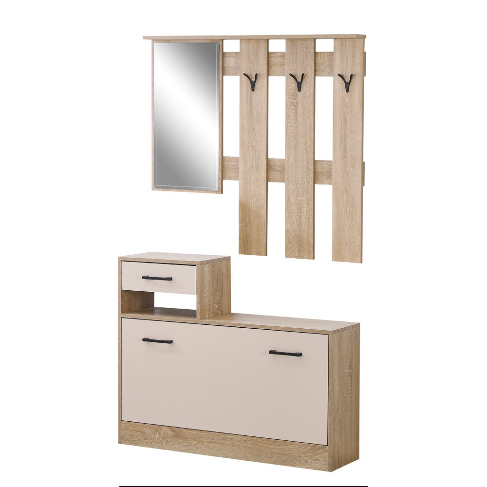 Mobile ingresso Rudolf XL con specchio e scarpiera colore rovere e beige