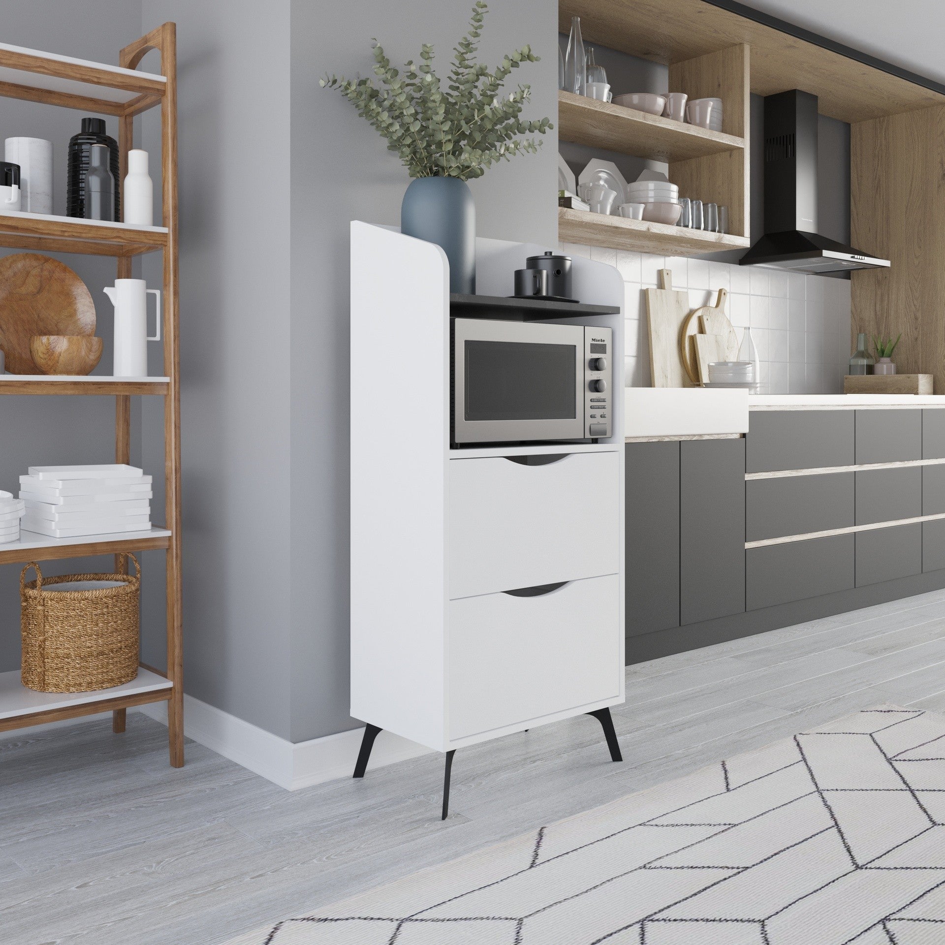 Mobile multiuso Gorki con cassetti bianco e ripiano retro grey