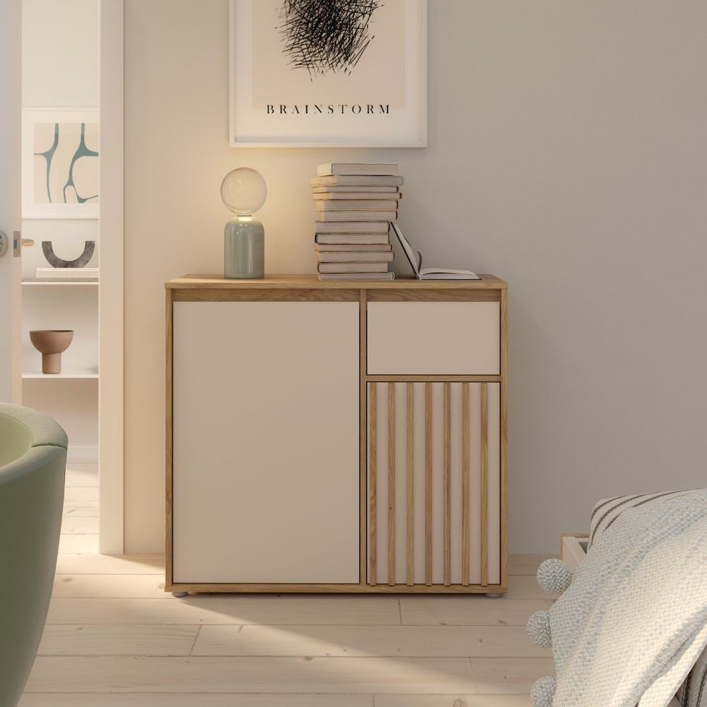 Mobile multiuso Neutra 1 cassetto e 2 ante con dettaglio cannettato in rovere e cashmere