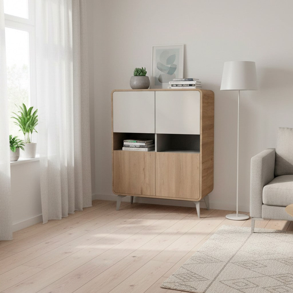 Mobile multiuso Nubo con 4 ante e 2 nicchie a giorno in struttura rovere sepet e ante cashmere