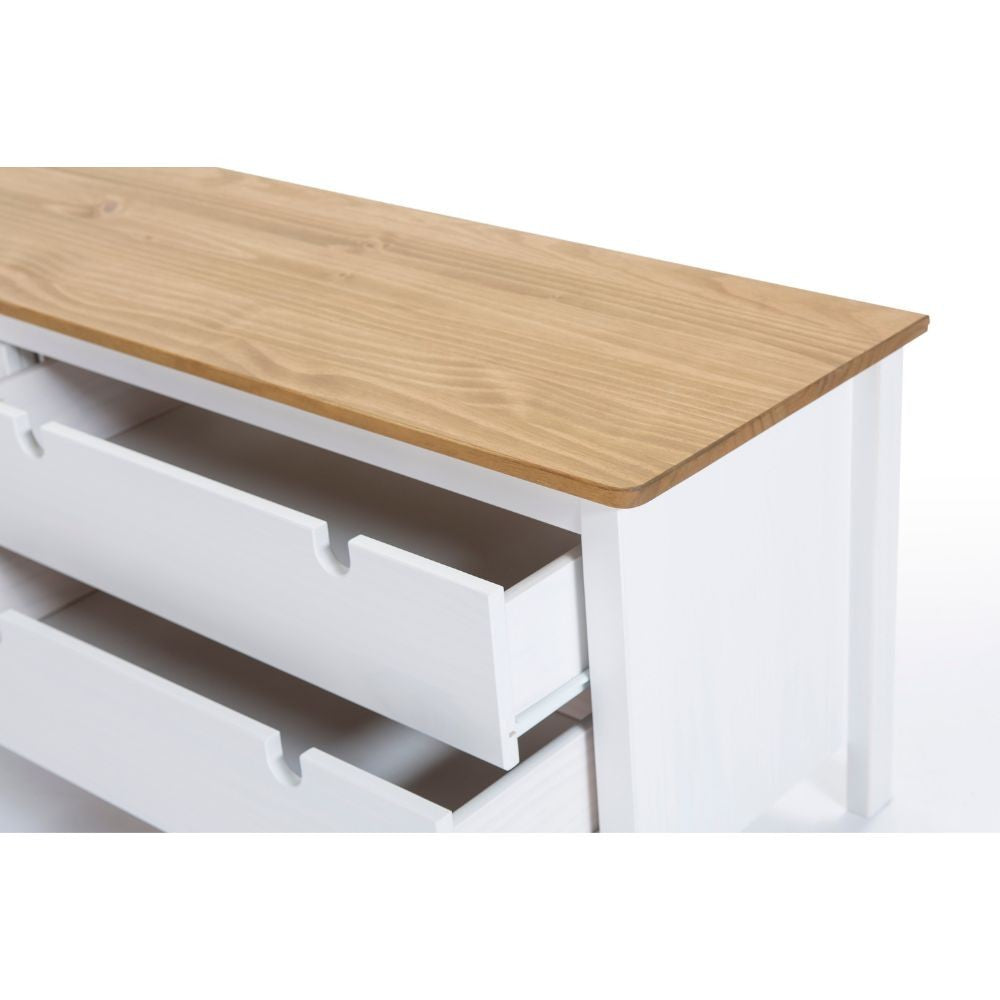 Mobile porta tv Bruna con 1 anta scorrevole e 2 cassetti in legno massiccio bianco e top pino
