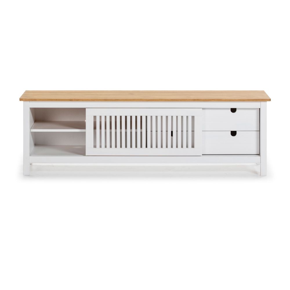 Mobile porta tv Bruna con 1 anta scorrevole e 2 cassetti in legno massiccio bianco e top pino