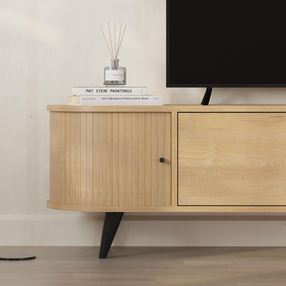 Mobile porta tv Gentle con 2 ante battenti e 2 ante scorrevoli con listelli verticali colore rovere