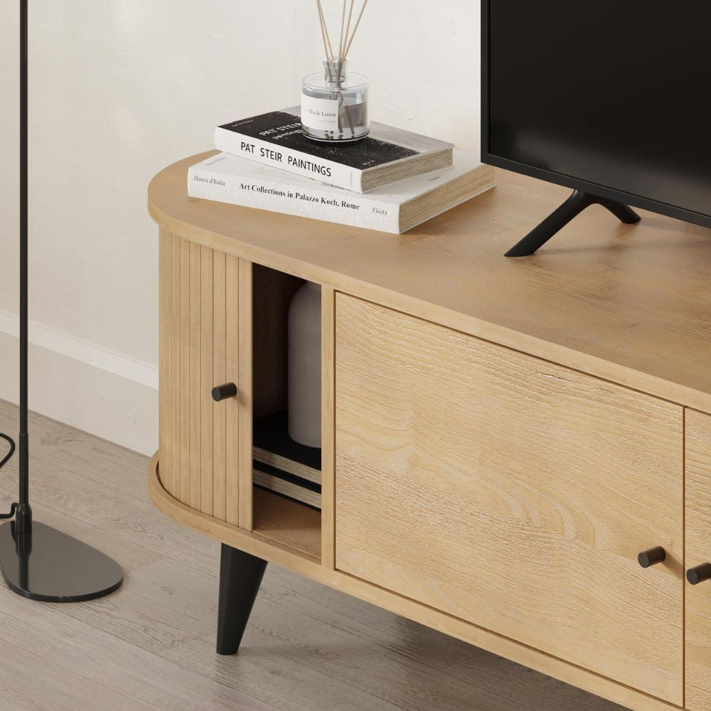 Mobile porta tv Gentle con 2 ante battenti e 2 ante scorrevoli con listelli verticali colore rovere