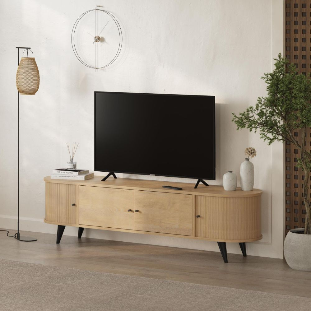 Mobile porta tv Gentle con 2 ante battenti e 2 ante scorrevoli con listelli verticali colore rovere