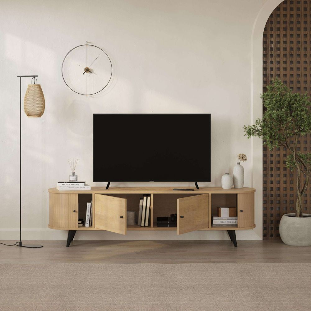 Mobile porta tv Gentle con 2 ante battenti e 2 ante scorrevoli con listelli verticali colore rovere
