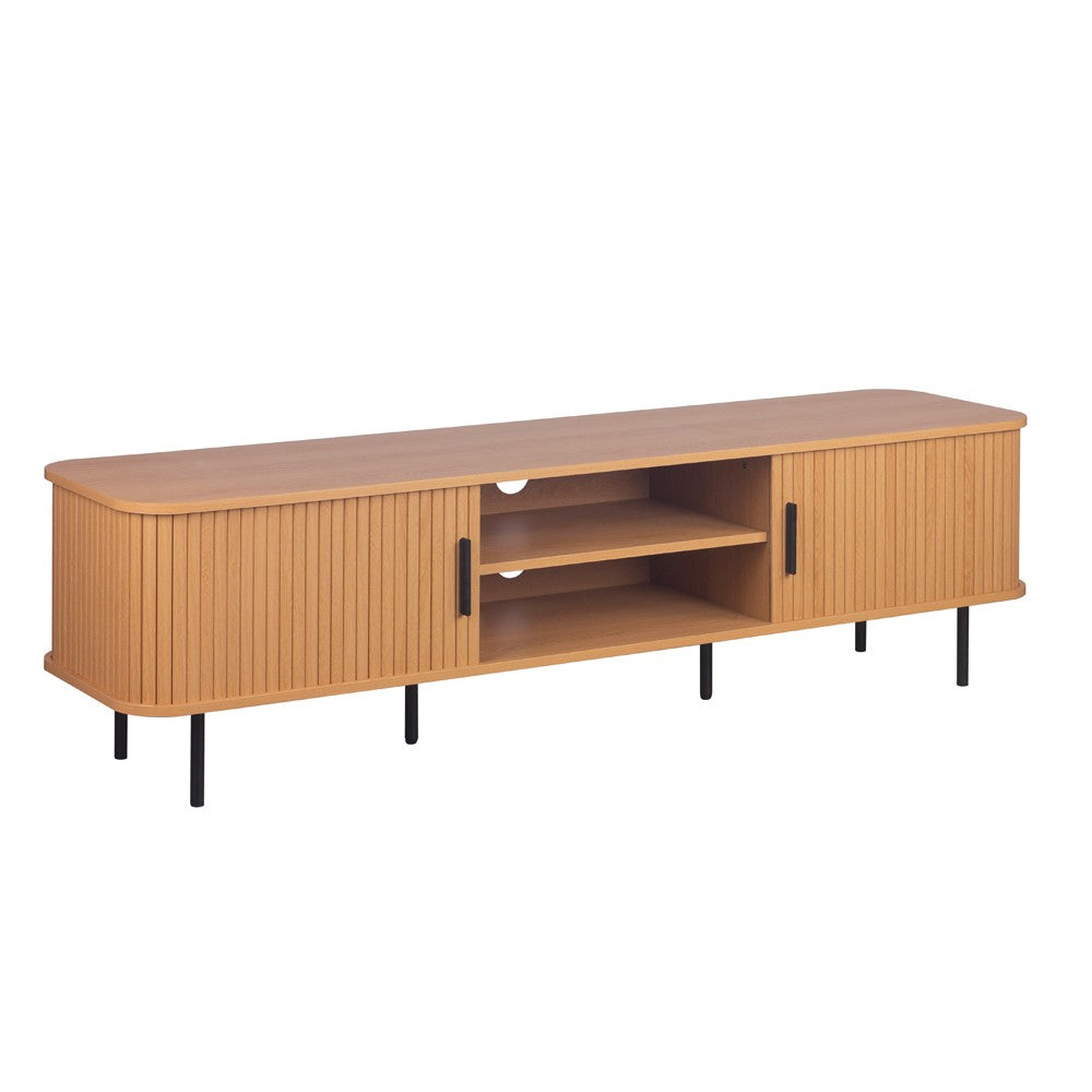 Mobile porta tv Kajsa 56B con ante scorrevoli listellate  e vani a giorno colore rovere