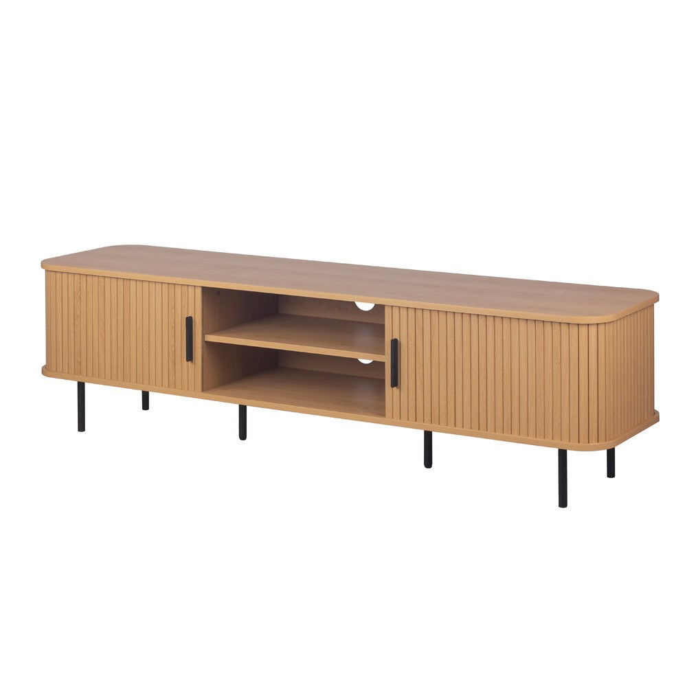 Mobile porta tv Kajsa 56B con ante scorrevoli listellate  e vani a giorno colore rovere