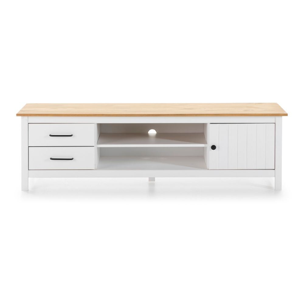 Mobile porta tv Miranda con 1 anta 2 cassetti e 2 vani a giorno in legno massiccio colore bianco e top pino