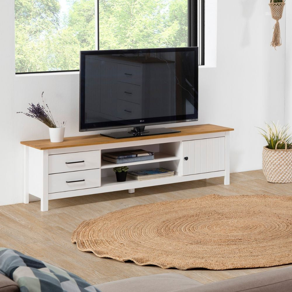 Mobile porta tv Miranda con 1 anta 2 cassetti e 2 vani a giorno in legno massiccio colore bianco e top pino